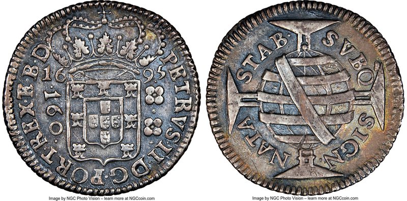 Pedro II 160 Reis 1695-(B) AU55 NGC, Bahia mint, KM79.1. Pleasingly toned and mi...