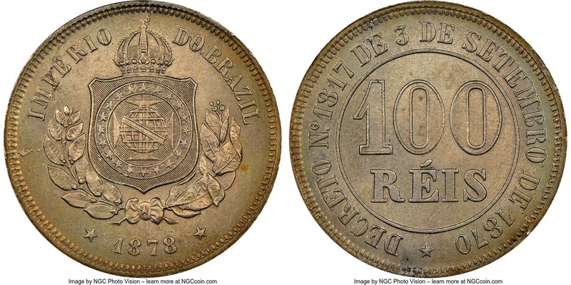 Pedro II 100 Reis 1878 MS65 NGC, KM477. A softly toned gem displaying uniform ve...