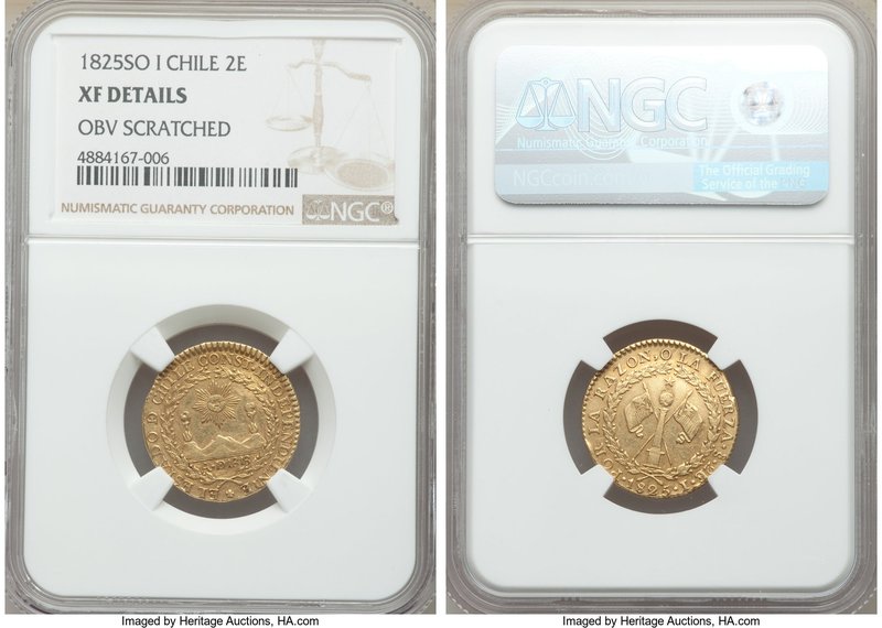 Republic gold 2 Escudos 1825 So-I XF Details (Obverse Scratched) NGC, Santiago m...
