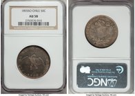 Republic 50 Centavos 1855-So AU58 NGC, Santiago mint, KM128. Comparatively quite fine for the issue, die polish especially strong around the condor wh...