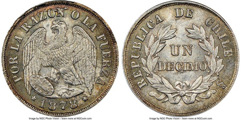Republic Decimo 1878-So MS65 NGC, Santiago mint, KM136.2. Subtly dressed in past...