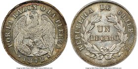 Republic Decimo 1878-So MS65 NGC, Santiago mint, KM136.2. Subtly dressed in pastel tones of tea green and orange. A glowing example, certainly among t...