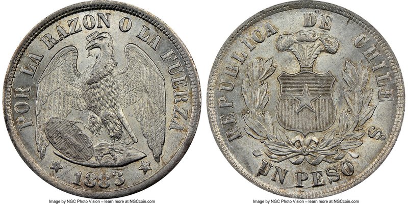 Republic "Round Top 3" Peso 1883-So MS65 NGC, Santiago mint, KM142.1. Round Top ...