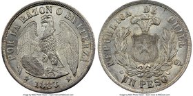 Republic "Round Top 3" Peso 1883-So MS65 NGC, Santiago mint, KM142.1. Round Top 3 variety. A gorgeous example featuring highly lustrous fields virtual...