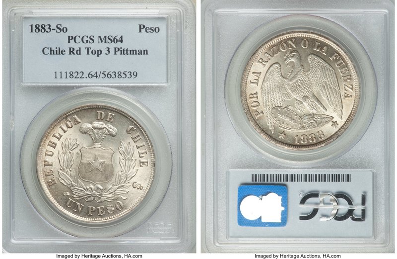Republic Peso 1883-So MS64 PCGS, Santiago mint, KM142.1. Round Top 3 variety. A ...