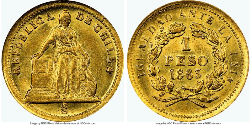 Republic gold Peso 1863-So MS62 NGC, Santiago mint, KM133. The second finest exa...