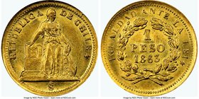 Republic gold Peso 1863-So MS62 NGC, Santiago mint, KM133. The second finest example of the type seen to-date by NGC, with the next finest being an AU...