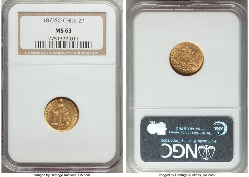 Republic gold 2 Pesos 1873-So MS63 NGC, Santiago mint, KM143. The penultimate gr...