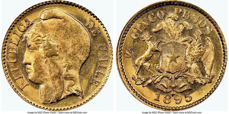 Republic gold 5 Pesos 1895-So MS64+ NGC, Santiago mint, KM153. AGW 0.0883 oz. 

...