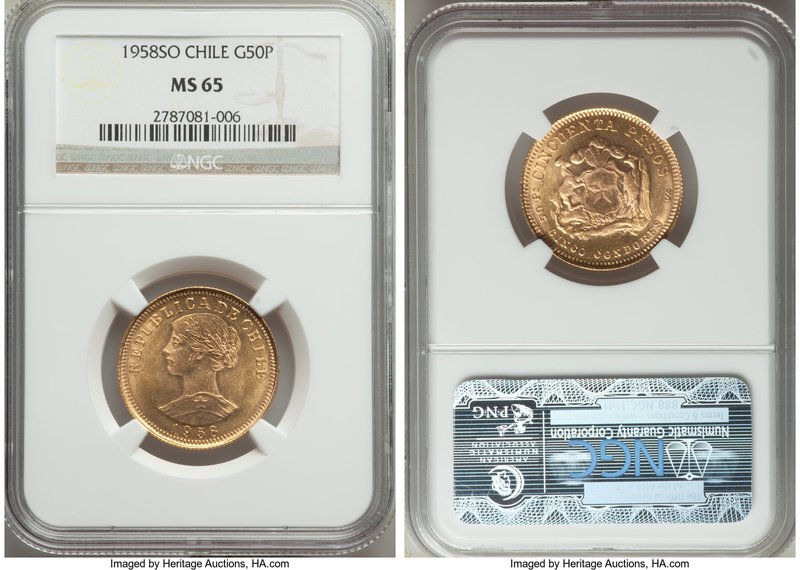 Republic gold 50 Pesos 1958-So MS65 NGC, Santiago mint, KM169. A bright gem with...