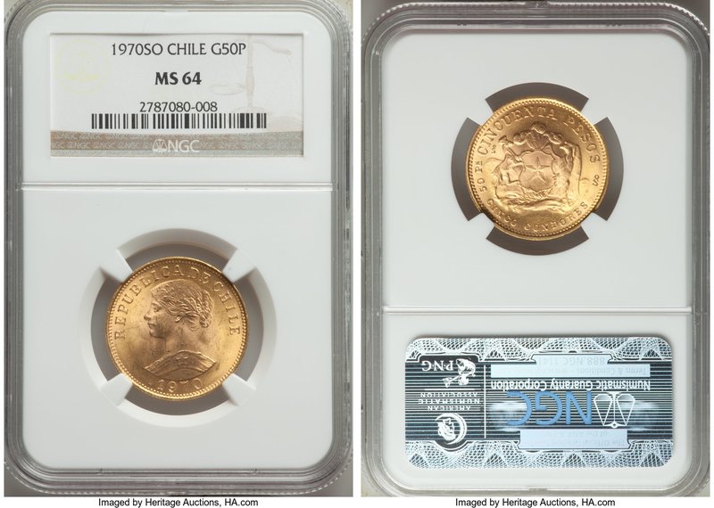 Republic gold 50 Pesos 1970-So MS64 NGC, Santiago mint, KM169. Highly satiny wit...