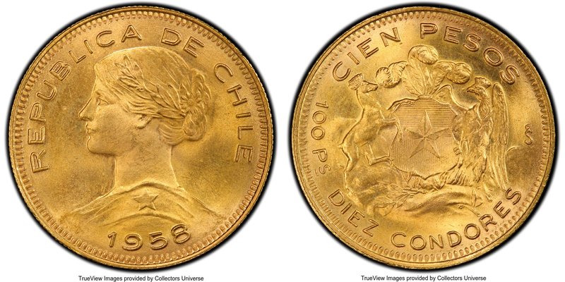 Republic gold 100 Pesos 1958-So MS65+ PCGS, Santiago mint, KM175. Near flawless ...