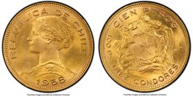 Republic gold 100 Pesos 1958-So MS65+ PCGS, Santiago mint, KM175. Near flawless with minor evidence of die clashing on the reverse. AGW 0.5885 oz.

HI...