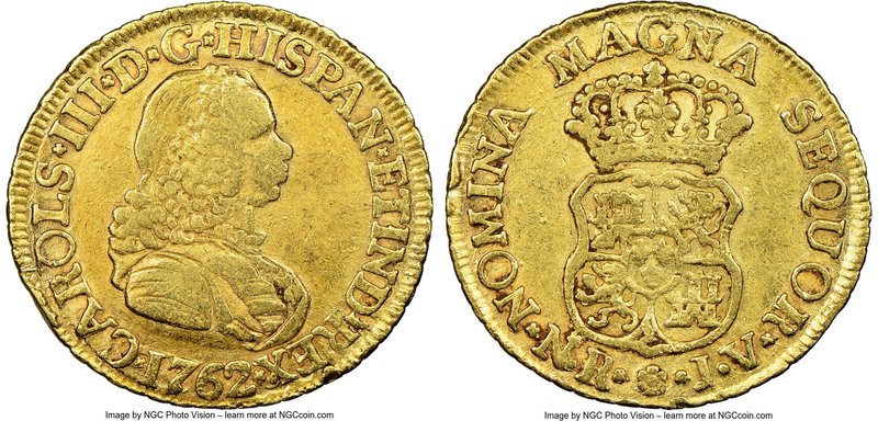 Charles III gold 2 Escudos 1762 NR-JV VF30 NGC, Nuevo Reino mint, KM40. A nicely...