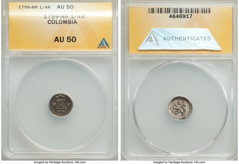 Charles IV 1/4 Real 1799-NR AU50 ANACS, Nuevo Reino mint, KM63. Exceedingly attr...