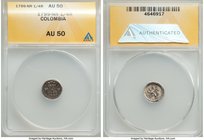 Charles IV 1/4 Real 1799-NR AU50 ANACS, Nuevo Reino mint, KM63. Exceedingly attractive for the assigned grade, the precision of the strike and luster ...