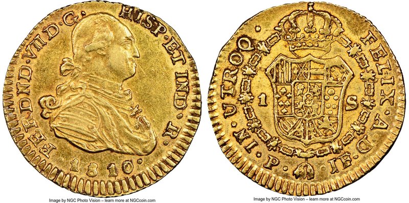 Ferdinand VII gold Escudo 1810 P-JF AU53 NGC, Popayan mint, KM64.2.

HID09801242...