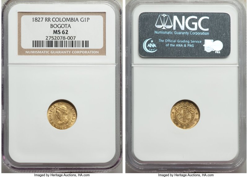 Republic gold Peso 1827 BOGOTA-RR MS62 NGC, Bogota mint, KM84. An elite grade fo...