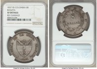 Nueva Granada 8 Reales 1837 BOGOTA-RS XF Details (Reverse Damage) NGC, Bogota mint, KM92. Evenly worn and displaying well-dispersed tones that accentu...