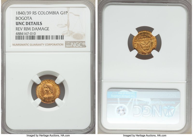 Nueva Granada gold Peso 1840/39 BOGOTA-RS UNC Details (Reverse Rim Damage) NGC, ...