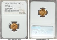 Nueva Granada gold Peso 1840/39 BOGOTA-RS UNC Details (Reverse Rim Damage) NGC, Bogota mint, KM93. Fiery red toning over antique gold fields.

HID0980...