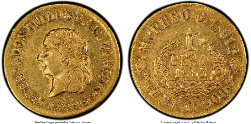 Estados Unidos gold Peso 1863-M AU50 PCGS, Medellin mint, KM146.1. Mintage: 11,0...