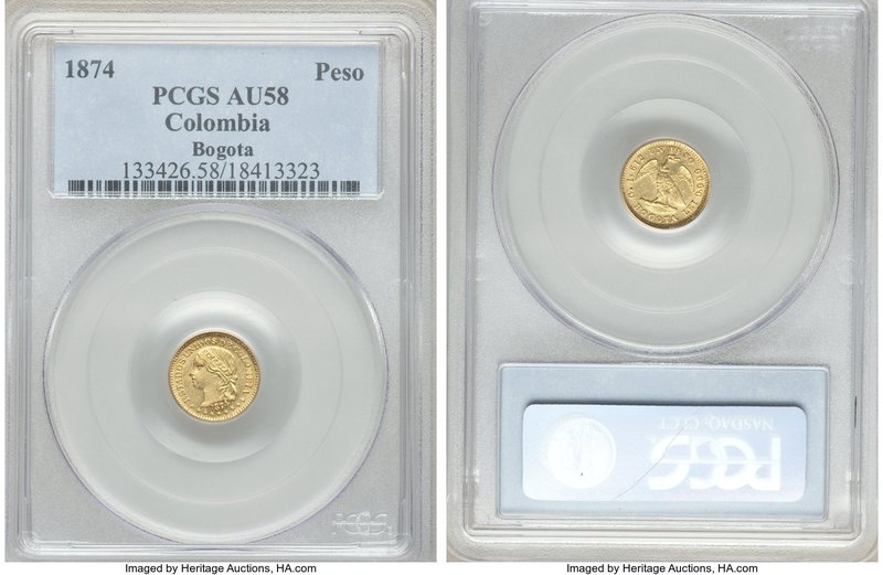 Estados Unidos gold Peso 1874-BOGOTA AU58 PCGS, Bogota mint, KM157.2. Delightful...