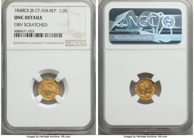 Central American Republic gold 1/2 Escudo 1848 CR-JB UNC Details (Obverse Scratc...