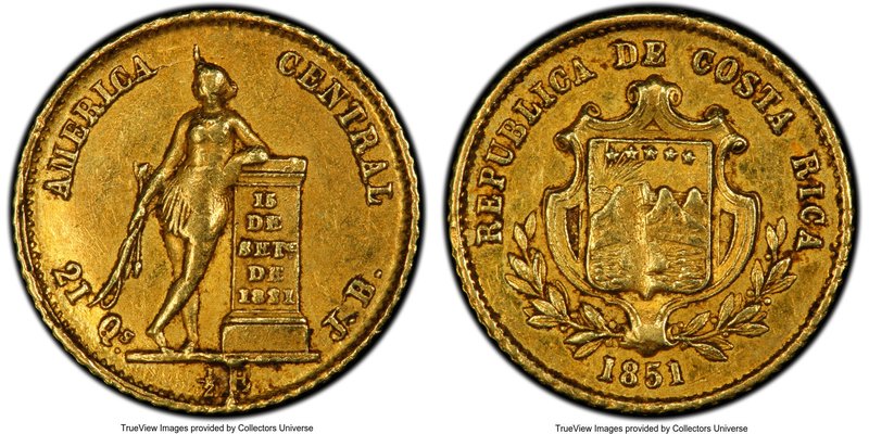 Republic gold 1/2 Escudo 1851-JB AU50 PCGS, San Jose mint, KM97. Slightly red go...