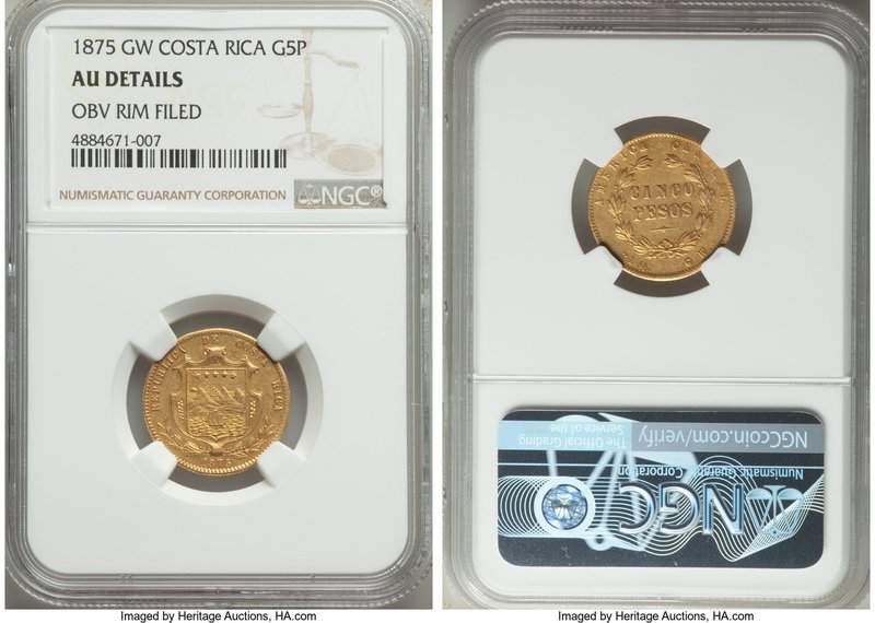 Republic gold 5 Pesos 1875-GW AU Details (Obverse Rim Filed) NGC, San Jose mint,...