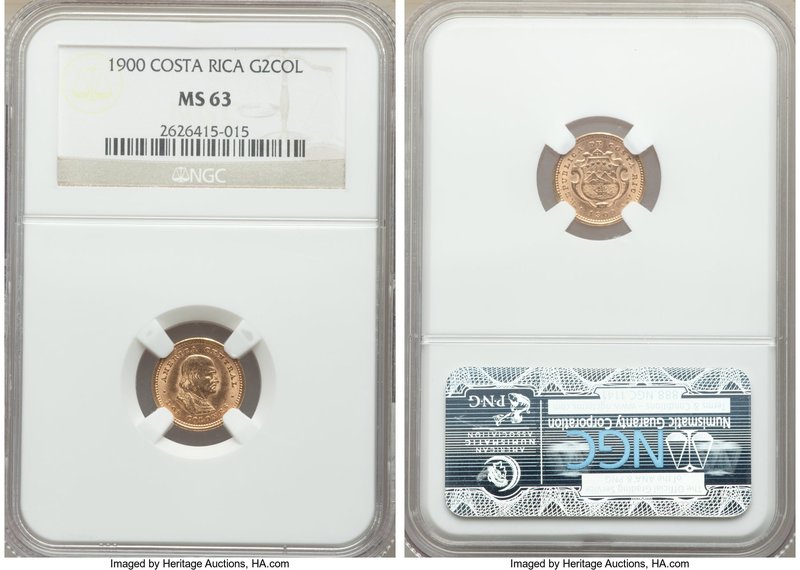 Republic gold 2 Colones 1900 MS63 NGC, Philadelphia mint, KM139. Highly gratifyi...