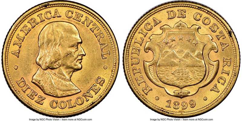 Republic gold 10 Colones 1899 AU58 NGC, Philadelphia mint, KM140. AGW 0.2251 oz....