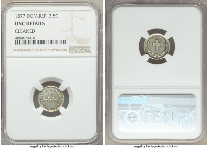 Republic 2-1/2 Centavos 1877 UNC Details (Cleaned) NGC, KM4. A lightly cleaned e...