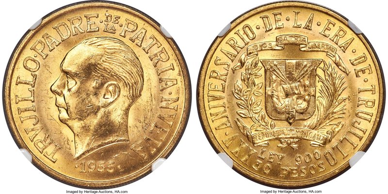 Republic gold "Trujillo Anniversary" 30 Pesos 1955 MS63 NGC, KM24, Fr-1. Celebra...