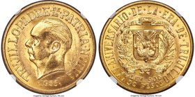 Republic gold "Trujillo Anniversary" 30 Pesos 1955 MS63 NGC, KM24, Fr-1. Celebrating the 25th anniversary of the Trujillo regime. AGW 0.8571 oz. 

HID...