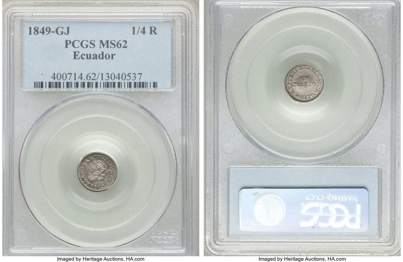 Republic 1/4 Real 1849 QUITO-GJ MS62 PCGS, Quito mint, KM36. An incredibly high ...