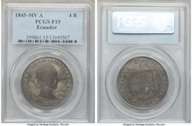 Republic 4 Reales 1845 QUITO-MVA F15 PCGS, Quito mint, KM29. Extremely scarce and almost universally found in poor, heavily circulated conditions--fre...