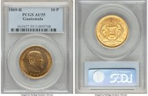 Republic gold 10 Pesos 1869-R AU55 PCGS, KM193. Displaying significant peripheral luster with the majority of struck detail remaining. 

HID0980124201...