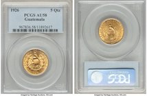 Republic gold 5 Quetzales 1926-(P) AU58 PCGS, Philadelphia mint, KM244, Fr-50. Brightly lustrous with only scattered handling over the surfaces reveal...