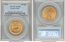 Republic gold 10 Quetzales 1926-(P) AU58 PCGS, Philadelphia mint, KM245. Satiny aurous surfaces mark the quality of this specimen, which reveals only ...