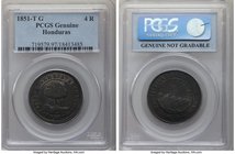 State of Honduras 4 Reales 1851 T-G Genuine (Environmental Damage) PCGS, Tegucigalpa mint, KM20a. Comparatively bold in the details for this crudely m...