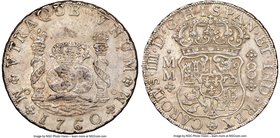 Charles III 8 Reales 1760 Mo-MM AU53 NGC, Mexico City mint, KM105. Soft pewter color with a mild backlight and relatively strong definition throughout...