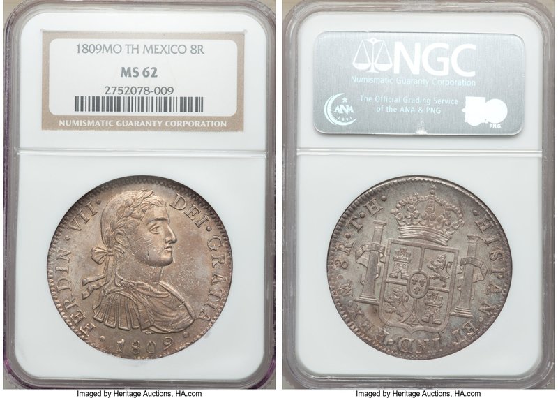 Ferdinand VII 8 Reales 1809 Mo-TH MS62 NGC, Mexico City mint, KM110. Bold and di...