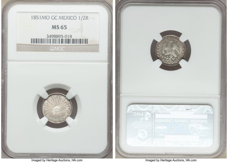 Republic 1/2 Real 1851 Mo-GC MS65 NGC, Mexico City mint, KM370.9. A lovely repre...