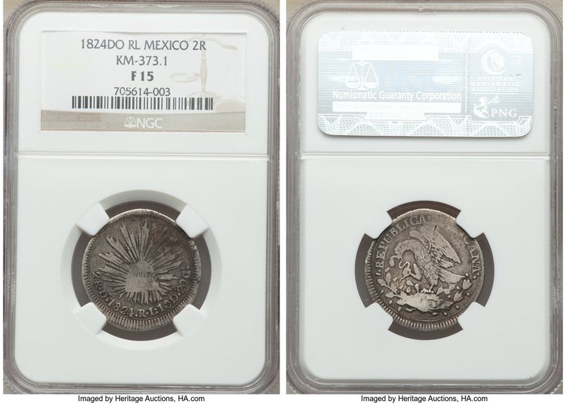 Republic "Hookneck" 2 Reales 1824 Do-RL F15 NGC, Durango mint, KM373.1. A very s...