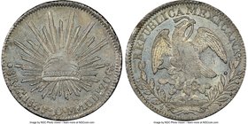 Republic 8 Reales 1838 Zs-OM MS61 NGC, Zacatecas mint, KM377.13, DP-Zs18. Somewhat weakly struck over the eagle, though this feature is common for the...