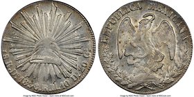 Republic 8 Reales 1838 Do-RM AU58 NGC, Durango mint, KM377.4, DP-Do15. Displaying the typical die cracks and an exceptional reverse--an already elegan...