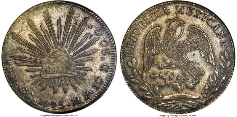 Republic 8 Reales 1845 GC-MP AU55 NGC, Guadalupe y Calvo mint, KM377.7, DP-GC02....