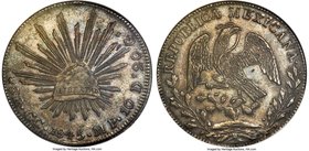 Republic 8 Reales 1845 GC-MP AU55 NGC, Guadalupe y Calvo mint, KM377.7, DP-GC02. Square tail variety. A deeply toned example of this sought-after type...