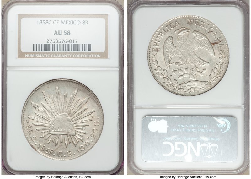 Republic 8 Reales 1858 C-CE AU58 NGC, Culiacan mint, KM377.3, DP-Cn13. Nearly un...